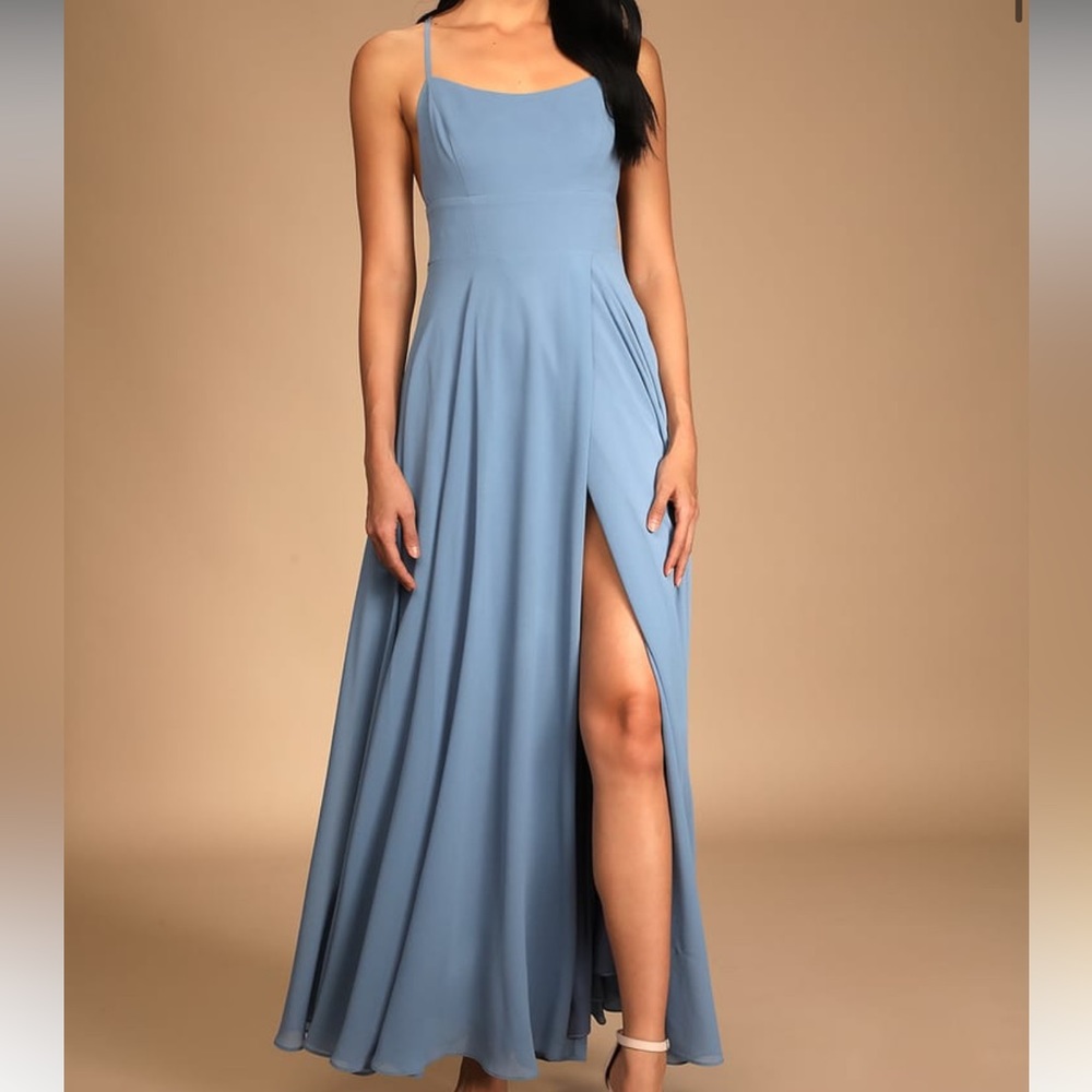 LULUs Slate Blue Maxi Dress with Slit and Open Back